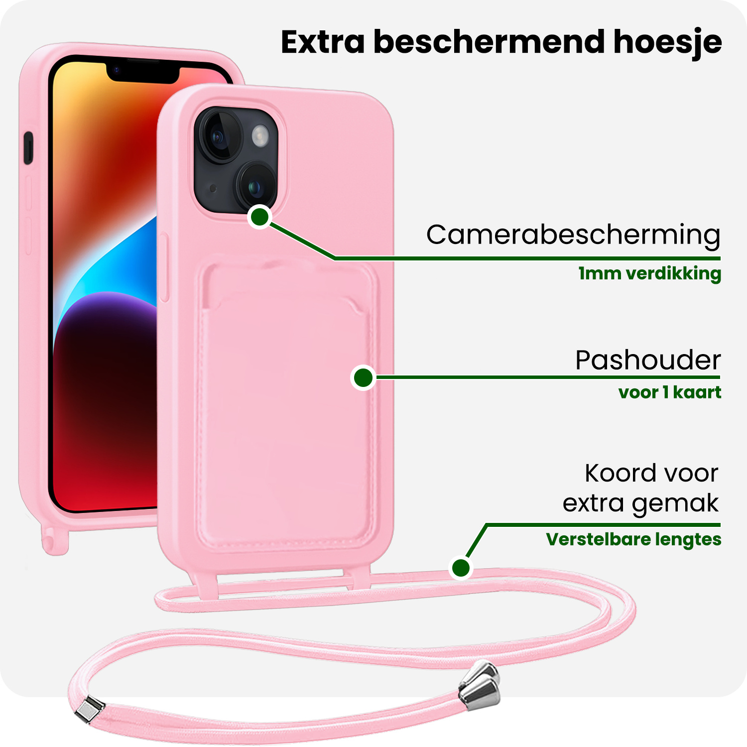 BASEY. BASEY. iPhone 14 Hoesje Pashouder met Koord Met Screenprotector - Lichtroze