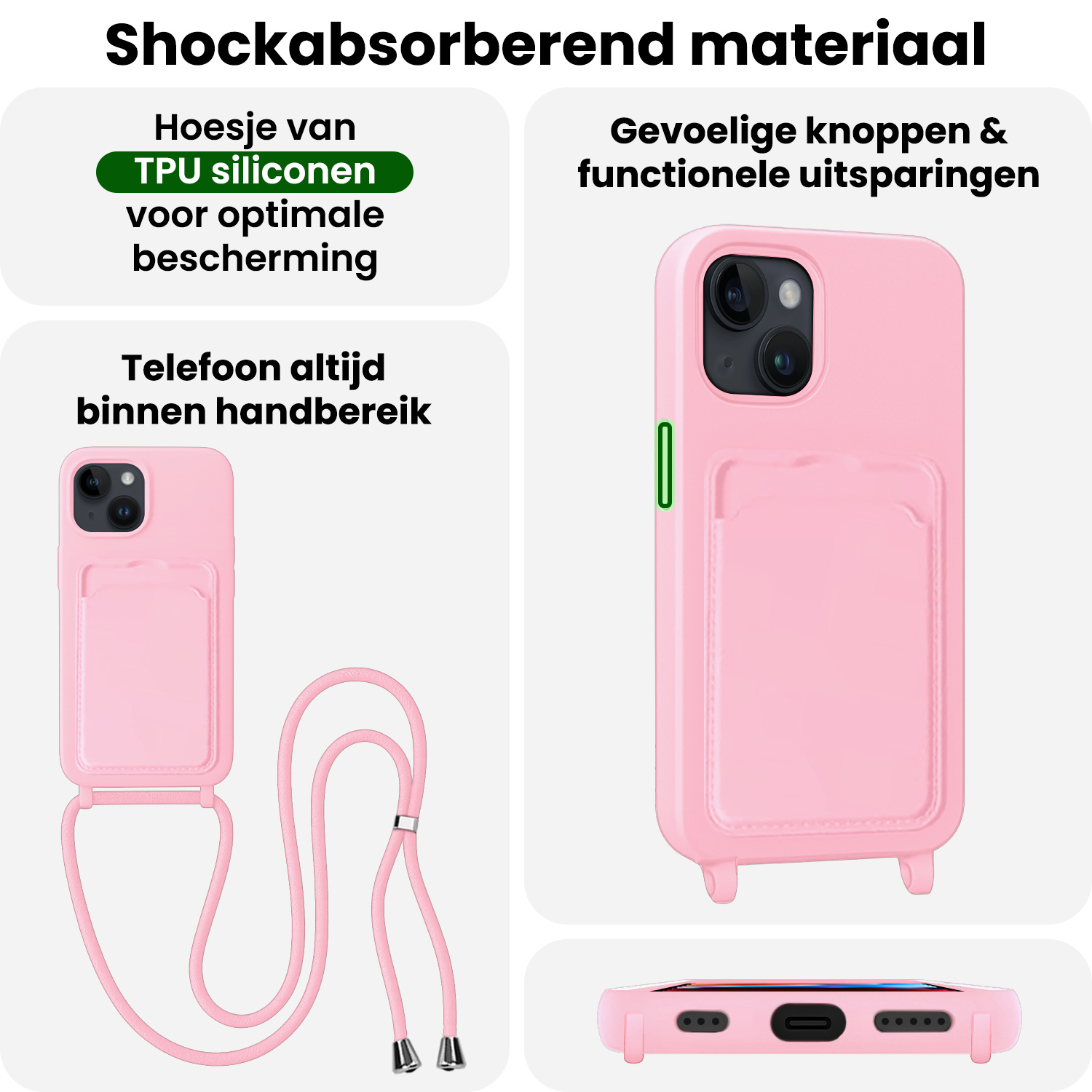 BASEY. BASEY. iPhone 14 Hoesje Pashouder met Koord Met Screenprotector - Lichtroze