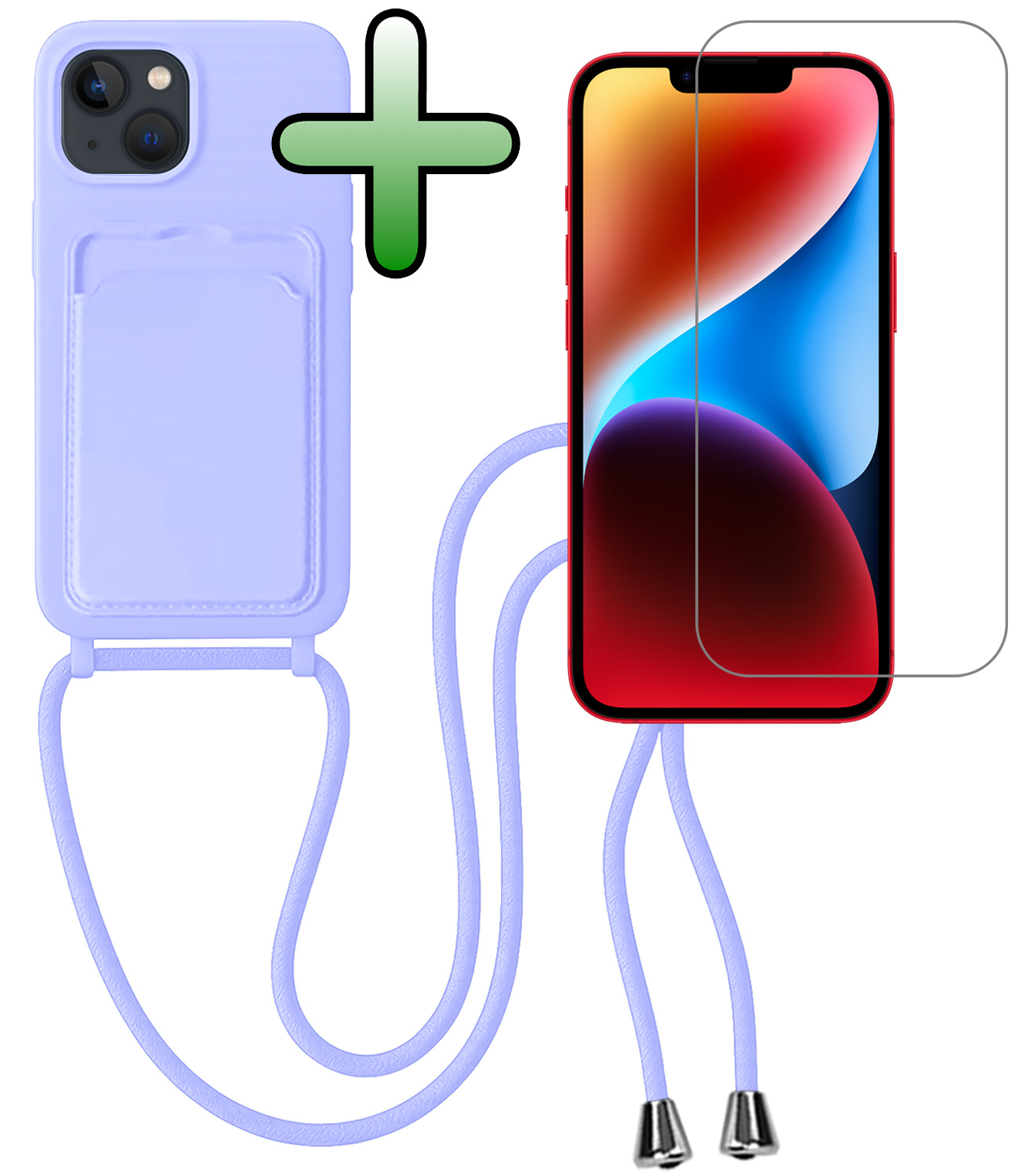 BASEY. BASEY. iPhone 14 Hoesje Pashouder met Koord Met Screenprotector - Lila