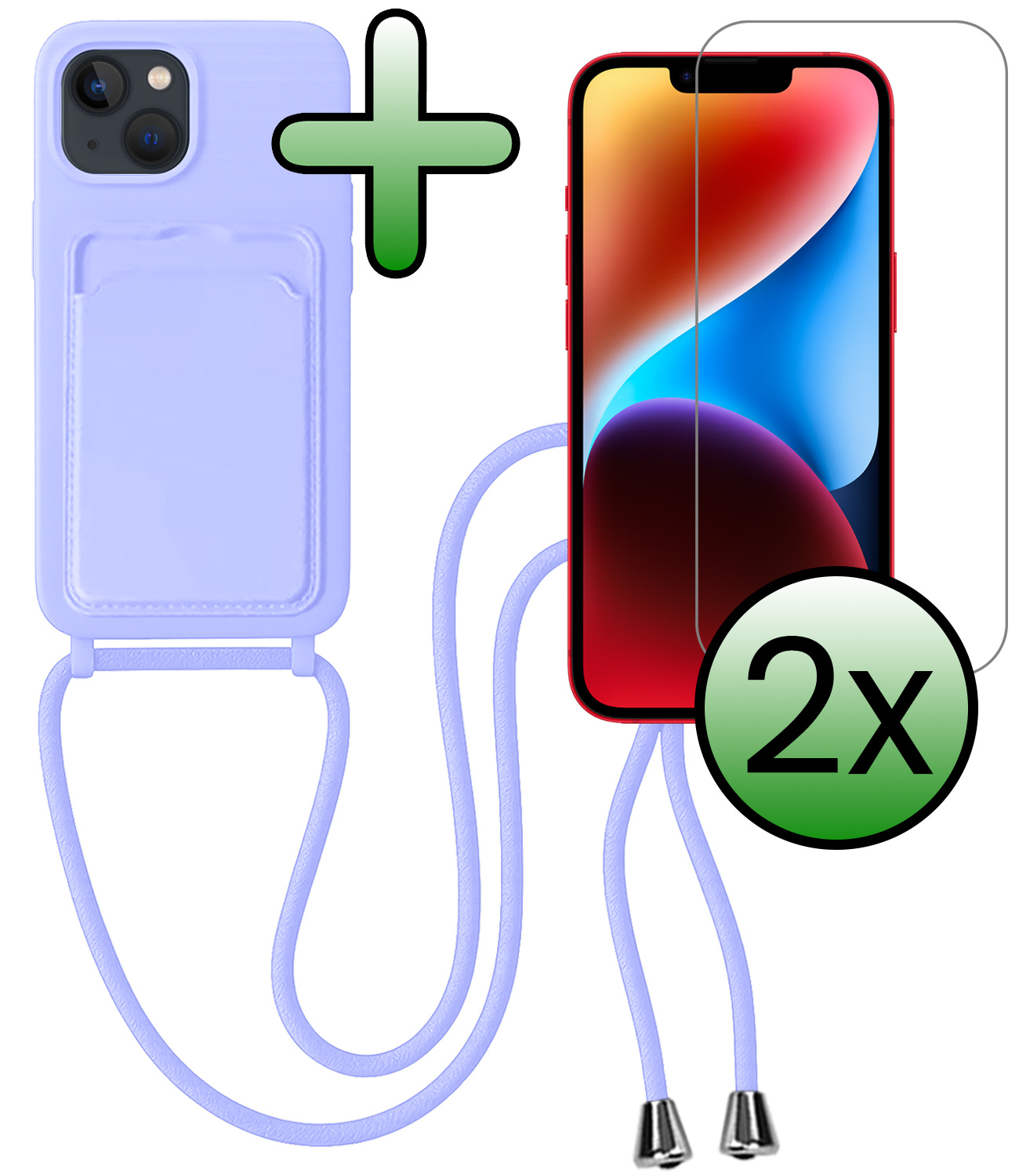 BASEY. BASEY. iPhone 14 Hoesje Pashouder met Koord Met 2x Screenprotector - Lila