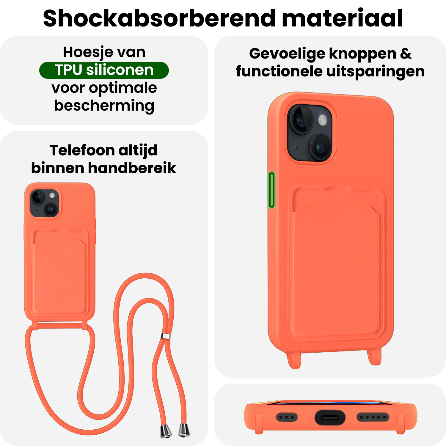 BASEY. BASEY. iPhone 14 Hoesje Pashouder met Koord Met Screenprotector - Papaya