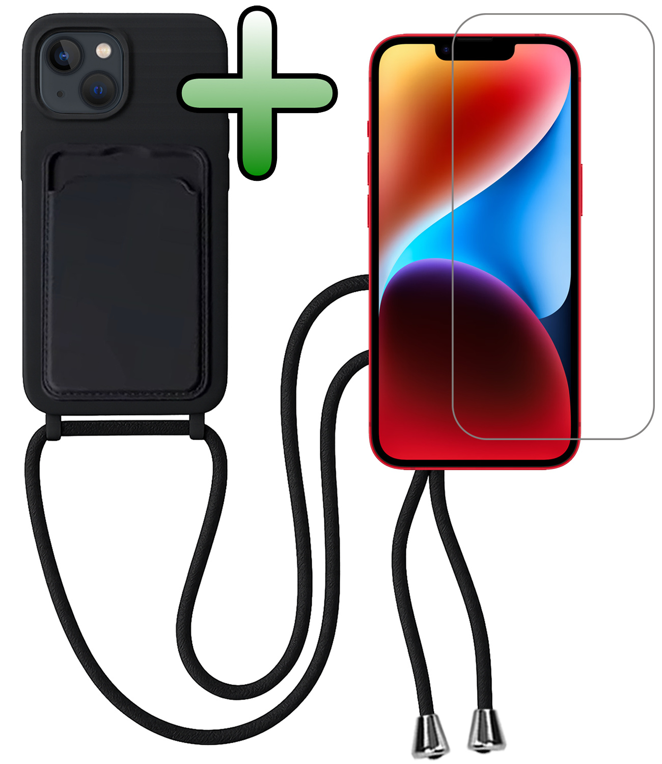 BASEY. BASEY. iPhone 14 Hoesje Pashouder met Koord Met Screenprotector - Zwart