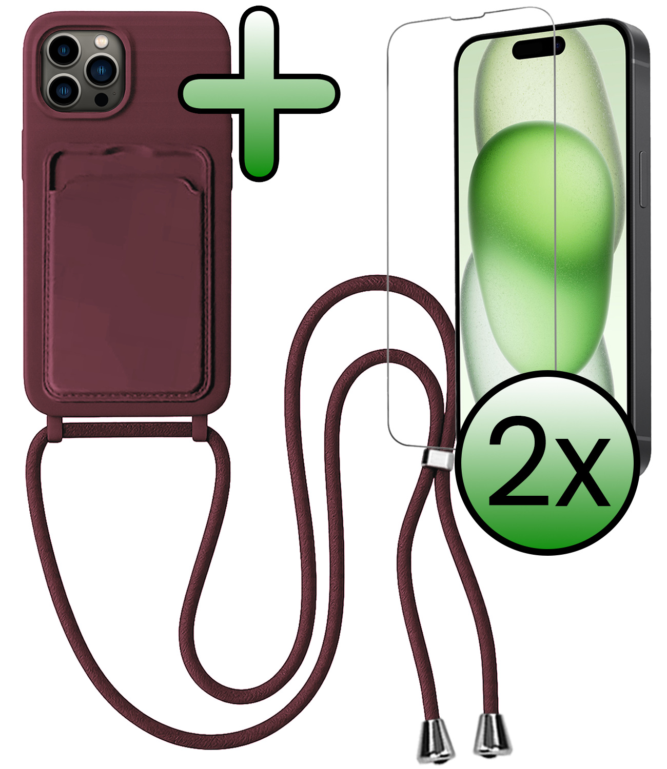BASEY. BASEY. iPhone 14 Pro Hoesje Pashouder met Koord Met 2x Screenprotector - Aubergine