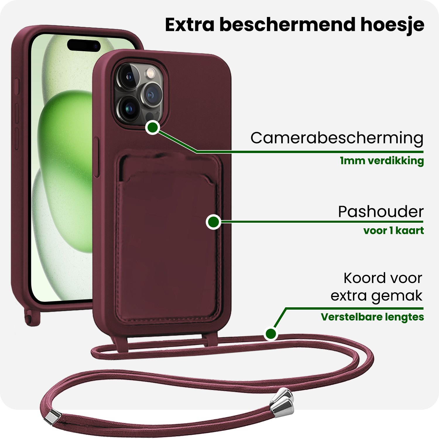 BASEY. BASEY. iPhone 14 Pro Hoesje Pashouder met Koord Met 2x Screenprotector - Aubergine
