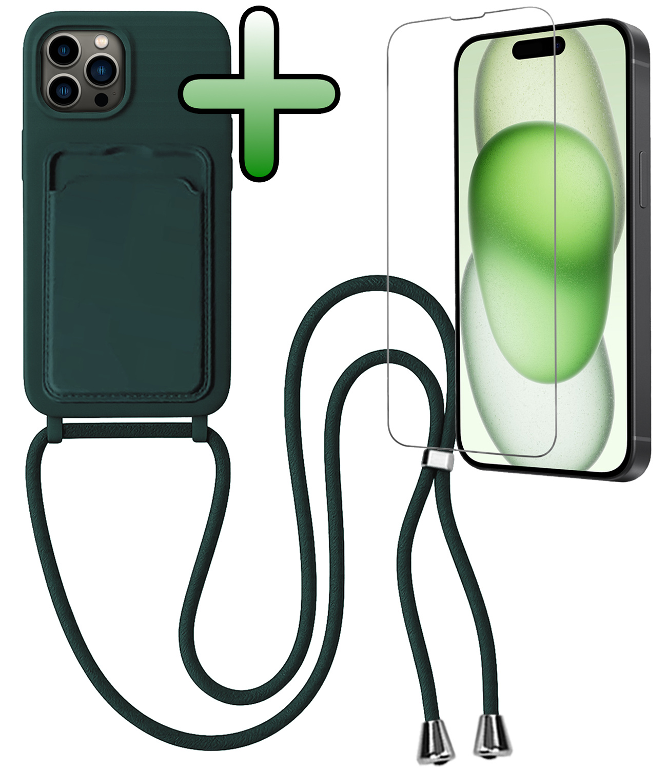 BASEY. BASEY. iPhone 14 Pro Hoesje Pashouder met Koord Met Screenprotector - Donkergroen