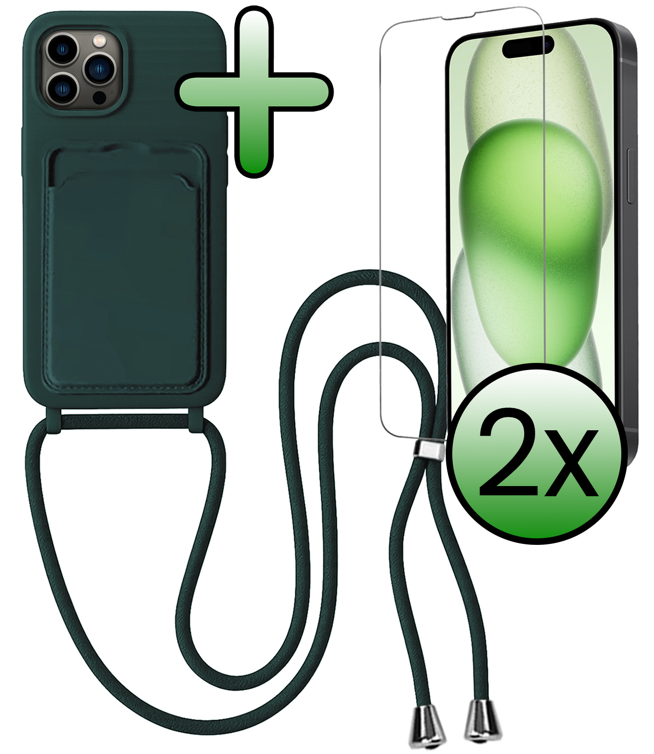 BASEY. BASEY. iPhone 14 Pro Hoesje Pashouder met Koord Met 2x Screenprotector - Donkergroen