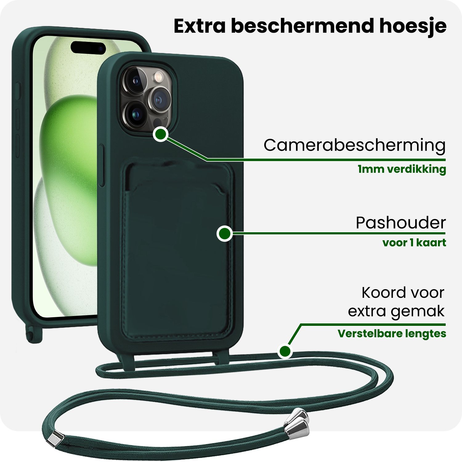BASEY. BASEY. iPhone 14 Pro Hoesje Pashouder met Koord Met 2x Screenprotector - Donkergroen