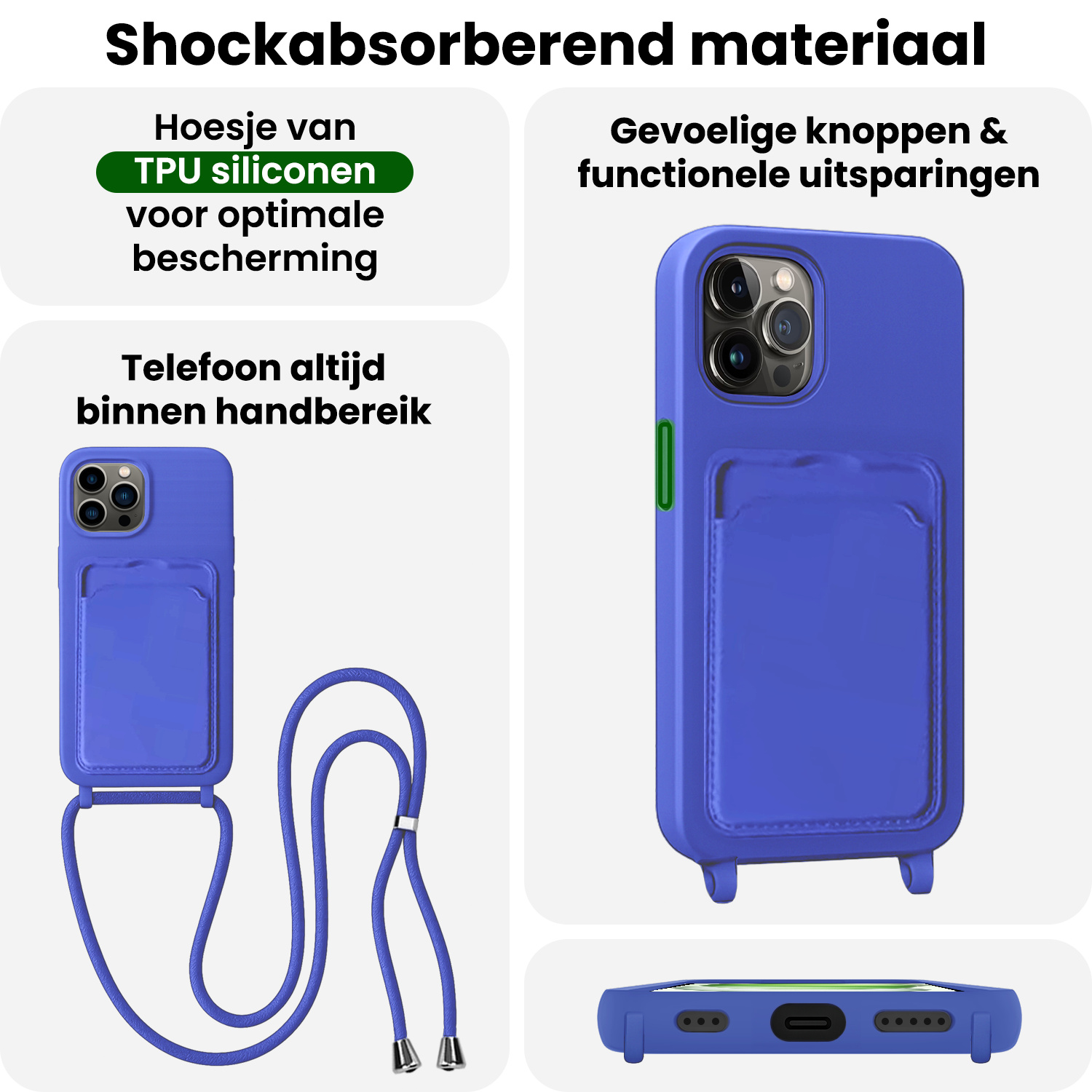BASEY. BASEY. iPhone 14 Pro Hoesje Pashouder met Koord Met Screenprotector - Fel Blauw