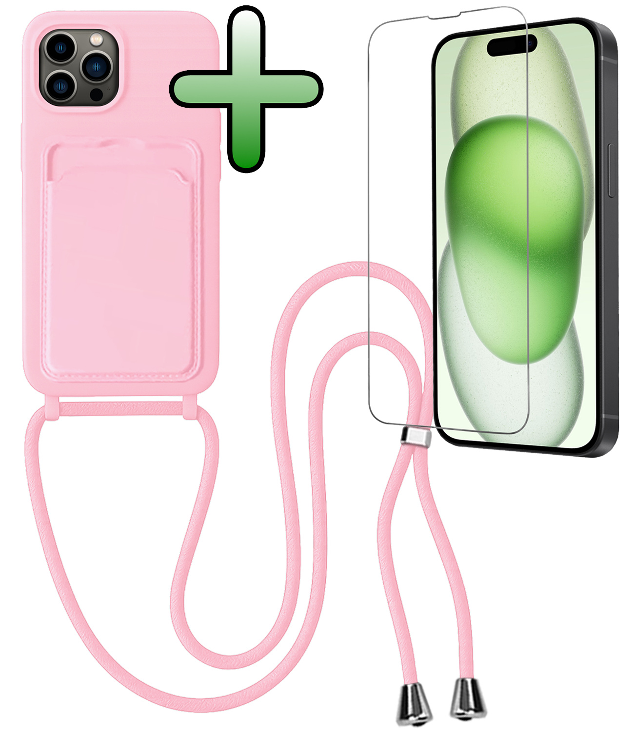 BASEY. BASEY. iPhone 14 Pro Hoesje Pashouder met Koord Met Screenprotector - Lichtroze