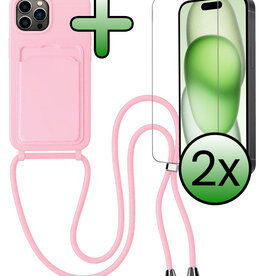BASEY. BASEY. iPhone 14 Pro Hoesje Pashouder met Koord Met 2x Screenprotector - Lichtroze