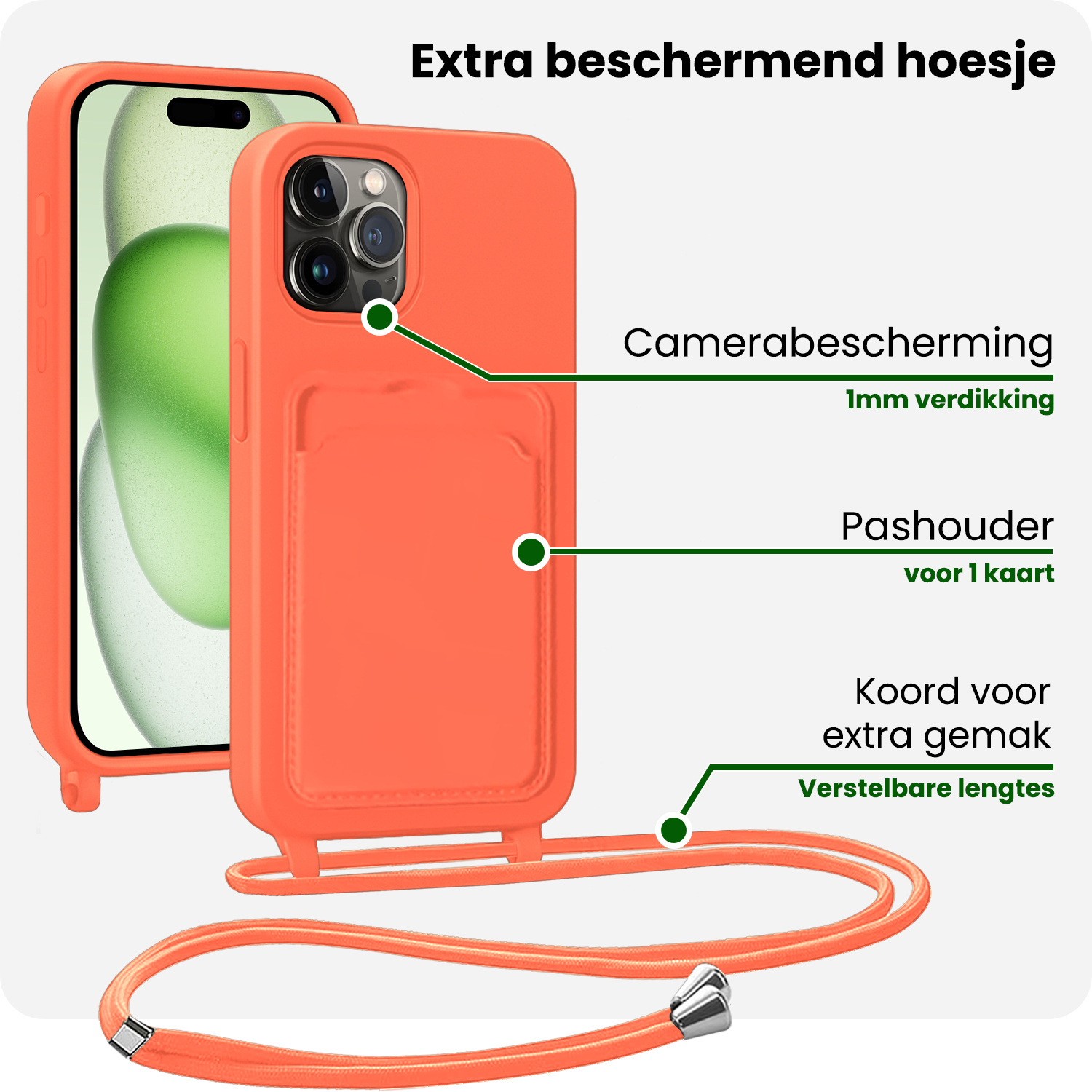 BASEY. BASEY. iPhone 14 Pro Hoesje Pashouder met Koord Met Screenprotector - Papaya
