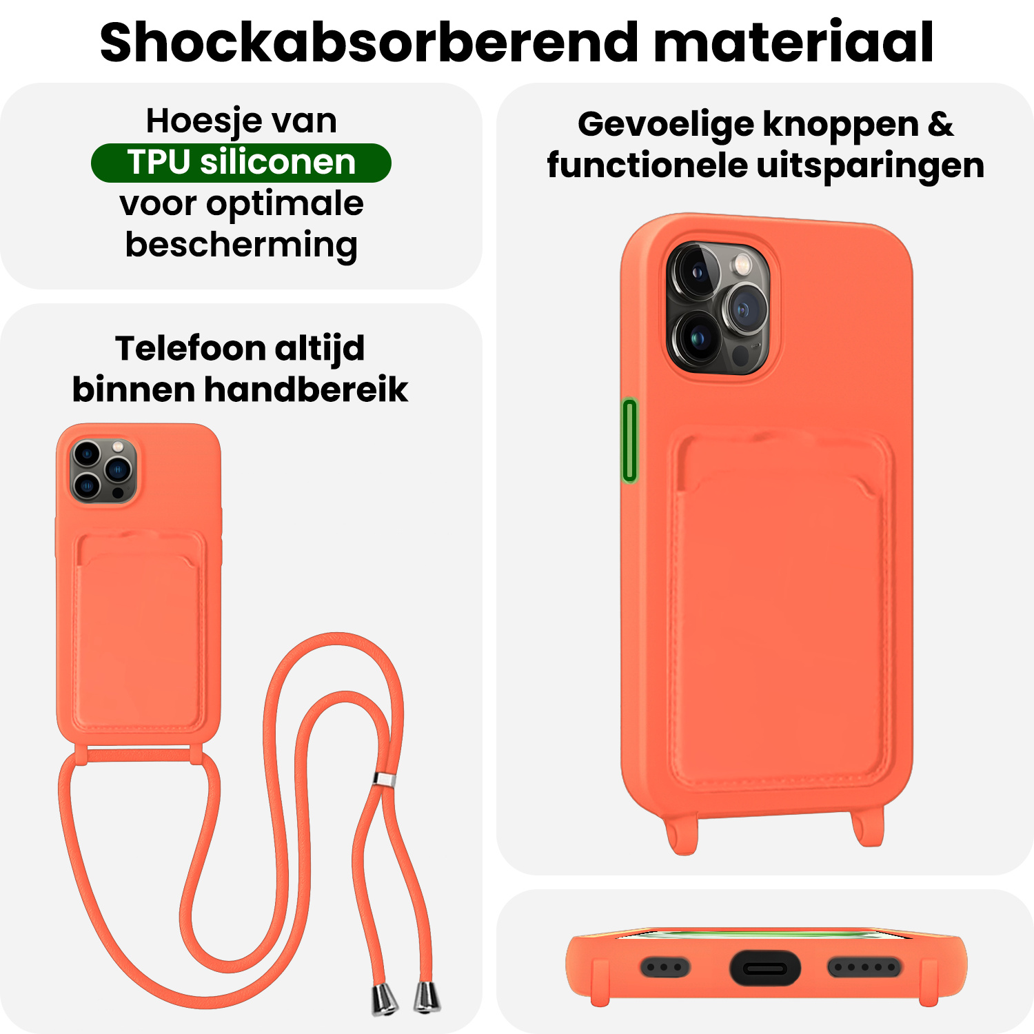 BASEY. BASEY. iPhone 14 Pro Hoesje Pashouder met Koord Met Screenprotector - Papaya