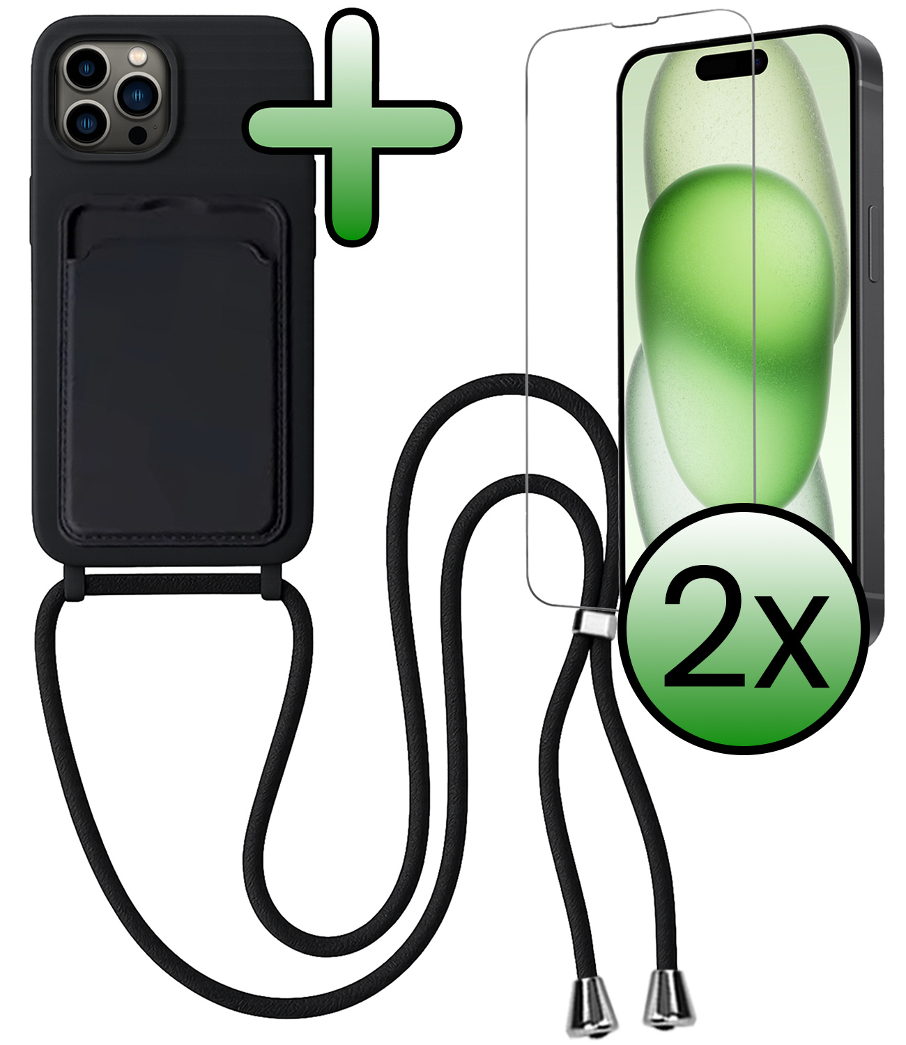 BASEY. BASEY. iPhone 14 Pro Hoesje Pashouder met Koord Met 2x Screenprotector - Zwart