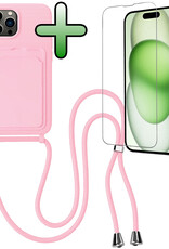 BASEY. BASEY. iPhone 14 Pro Max Hoesje Pashouder met Koord Met Screenprotector - Lichtroze