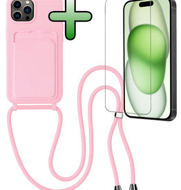 BASEY. BASEY. iPhone 14 Pro Max Hoesje Pashouder met Koord Met Screenprotector - Lichtroze