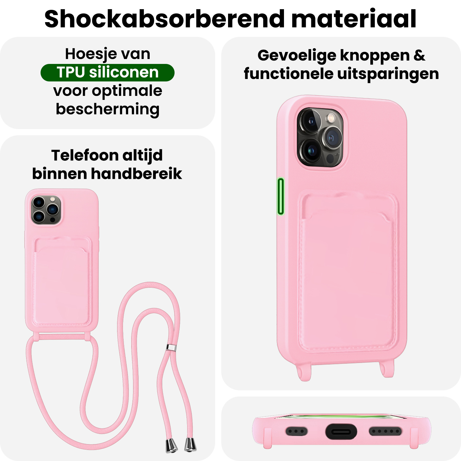 BASEY. BASEY. iPhone 14 Pro Max Hoesje Pashouder met Koord Met Screenprotector - Lichtroze