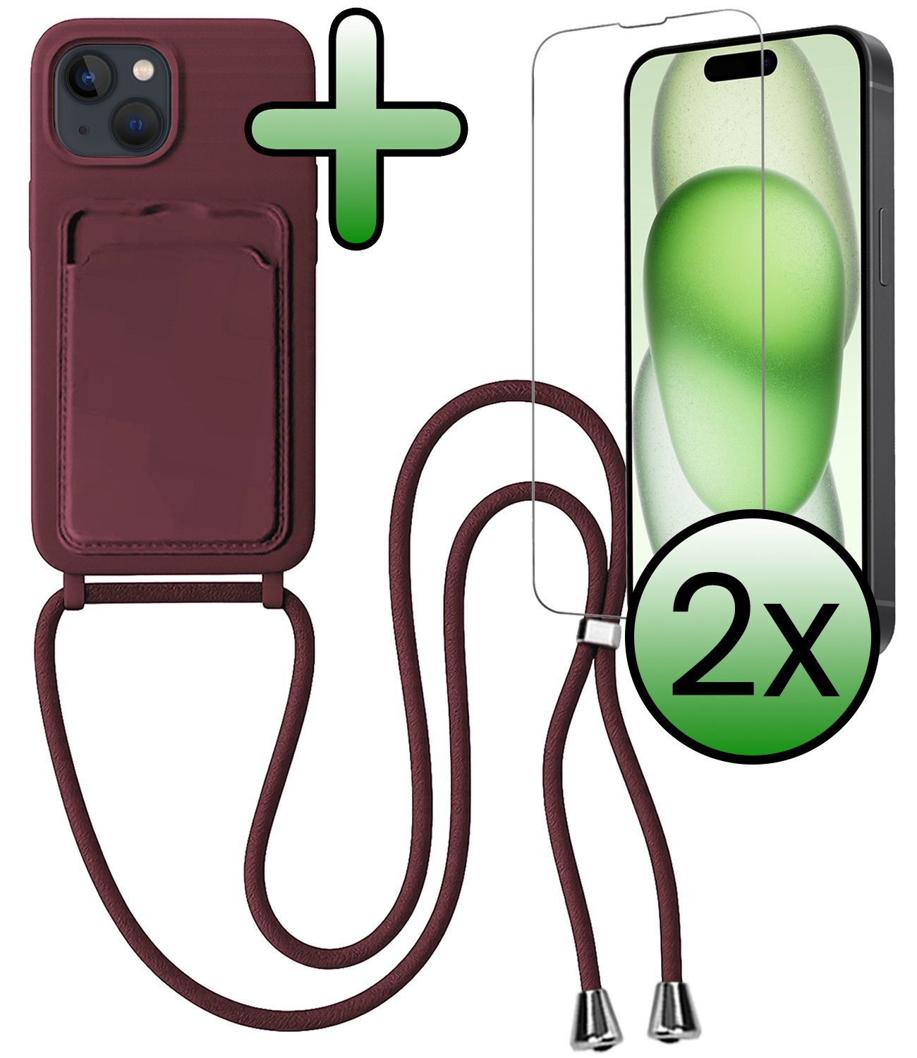BASEY. BASEY. iPhone 15 Plus Hoesje Pashouder met Koord Met 2x Screenprotector - Aubergine