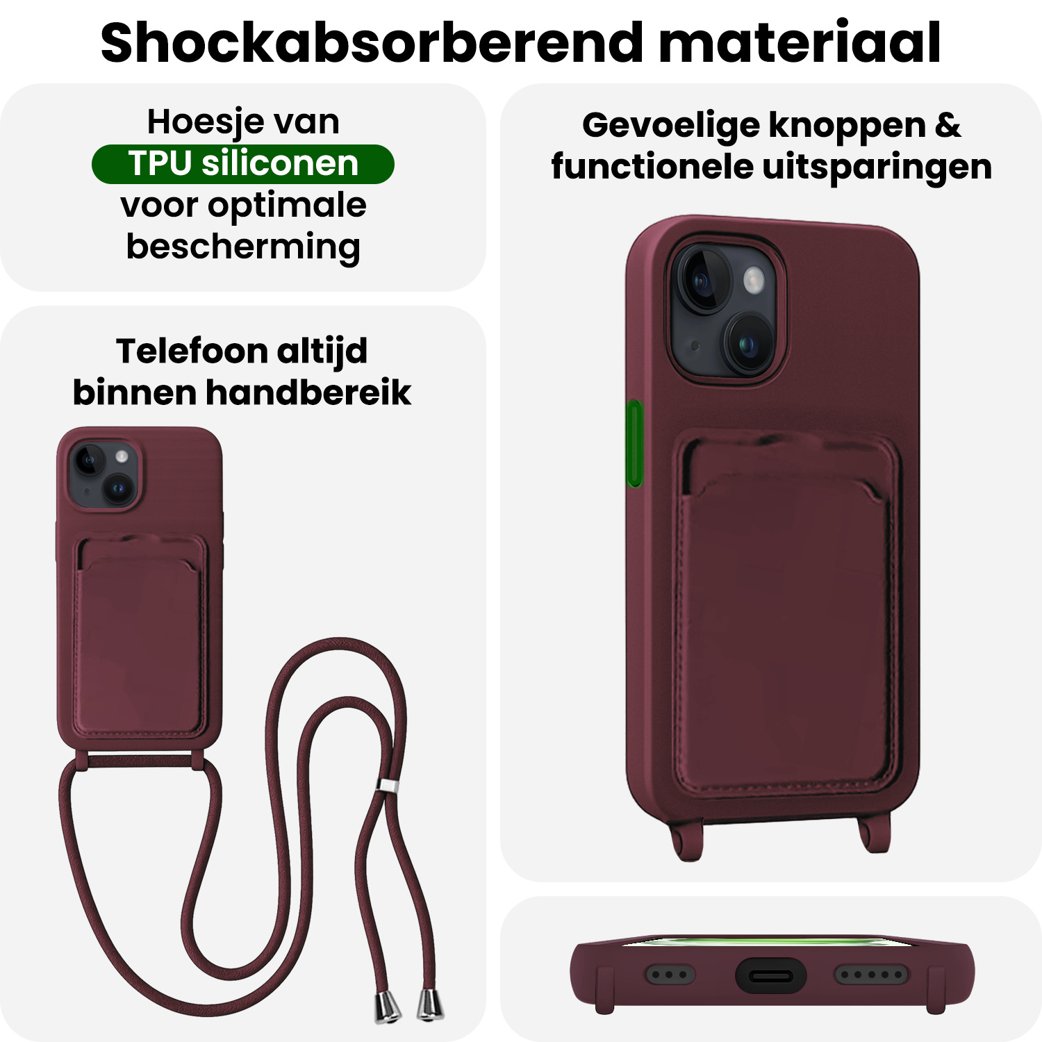 BASEY. BASEY. iPhone 15 Plus Hoesje Pashouder met Koord Met 2x Screenprotector - Aubergine