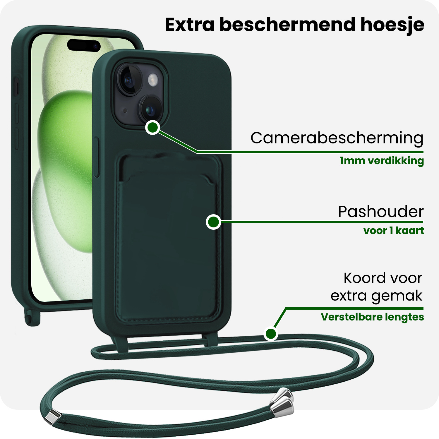 BASEY. BASEY. iPhone 15 Plus Hoesje Pashouder met Koord Met 2x Screenprotector - Donkergroen