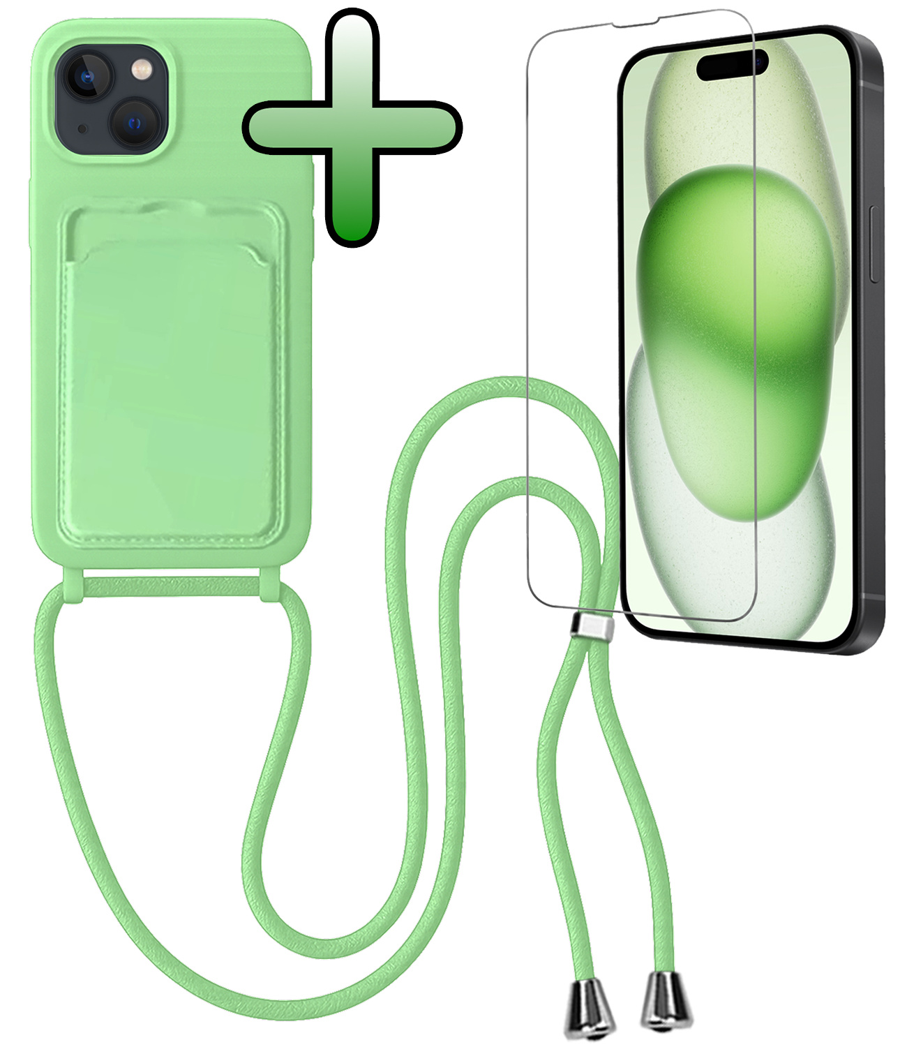 BASEY. BASEY. iPhone 15 Plus Hoesje Pashouder met Koord Met Screenprotector - Groen