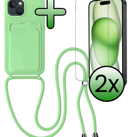 BASEY. BASEY. iPhone 15 Plus Hoesje Pashouder met Koord Met 2x Screenprotector - Groen