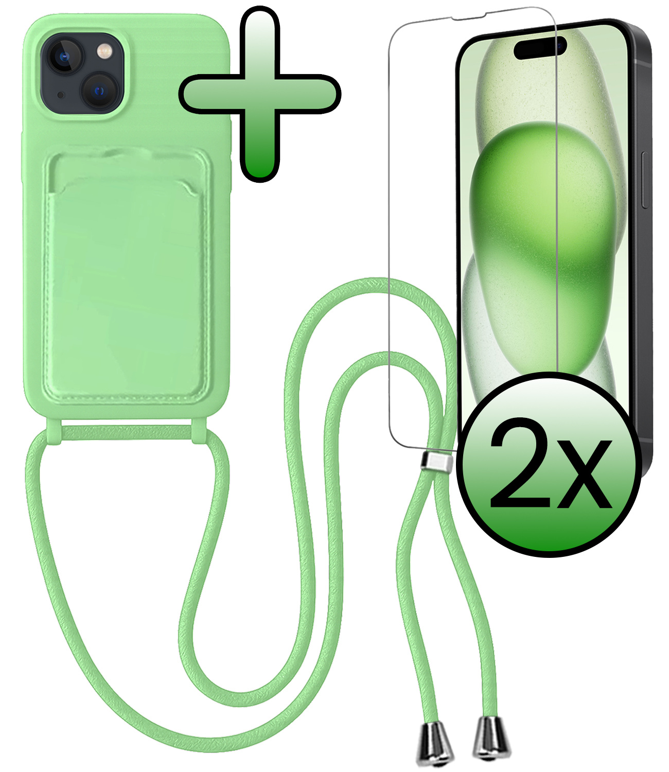 BASEY. BASEY. iPhone 15 Plus Hoesje Pashouder met Koord Met 2x Screenprotector - Groen