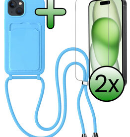 BASEY. BASEY. iPhone 15 Plus Hoesje Pashouder met Koord Met 2x Screenprotector - Lichtblauw