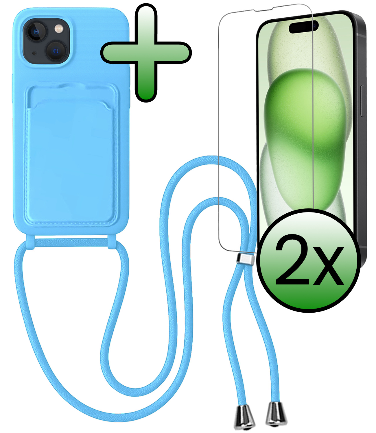 BASEY. BASEY. iPhone 15 Plus Hoesje Pashouder met Koord Met 2x Screenprotector - Lichtblauw