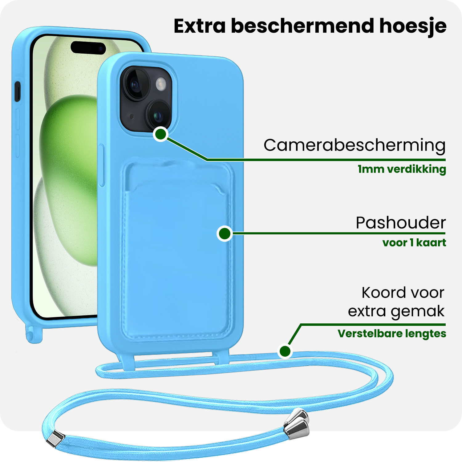 BASEY. BASEY. iPhone 15 Plus Hoesje Pashouder met Koord Met 2x Screenprotector - Lichtblauw