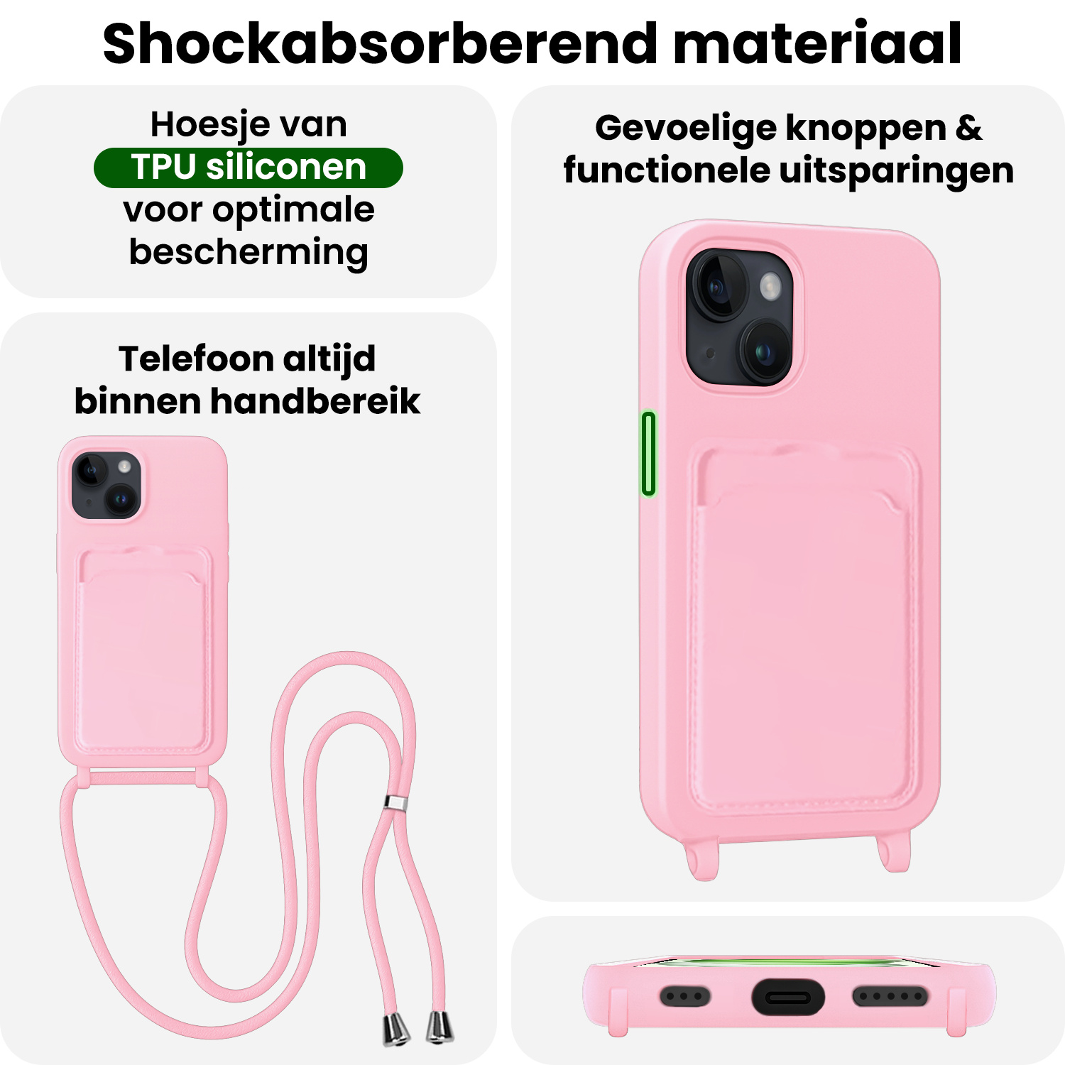 BASEY. BASEY. iPhone 15 Plus Hoesje Pashouder met Koord Met Screenprotector - Lichtroze