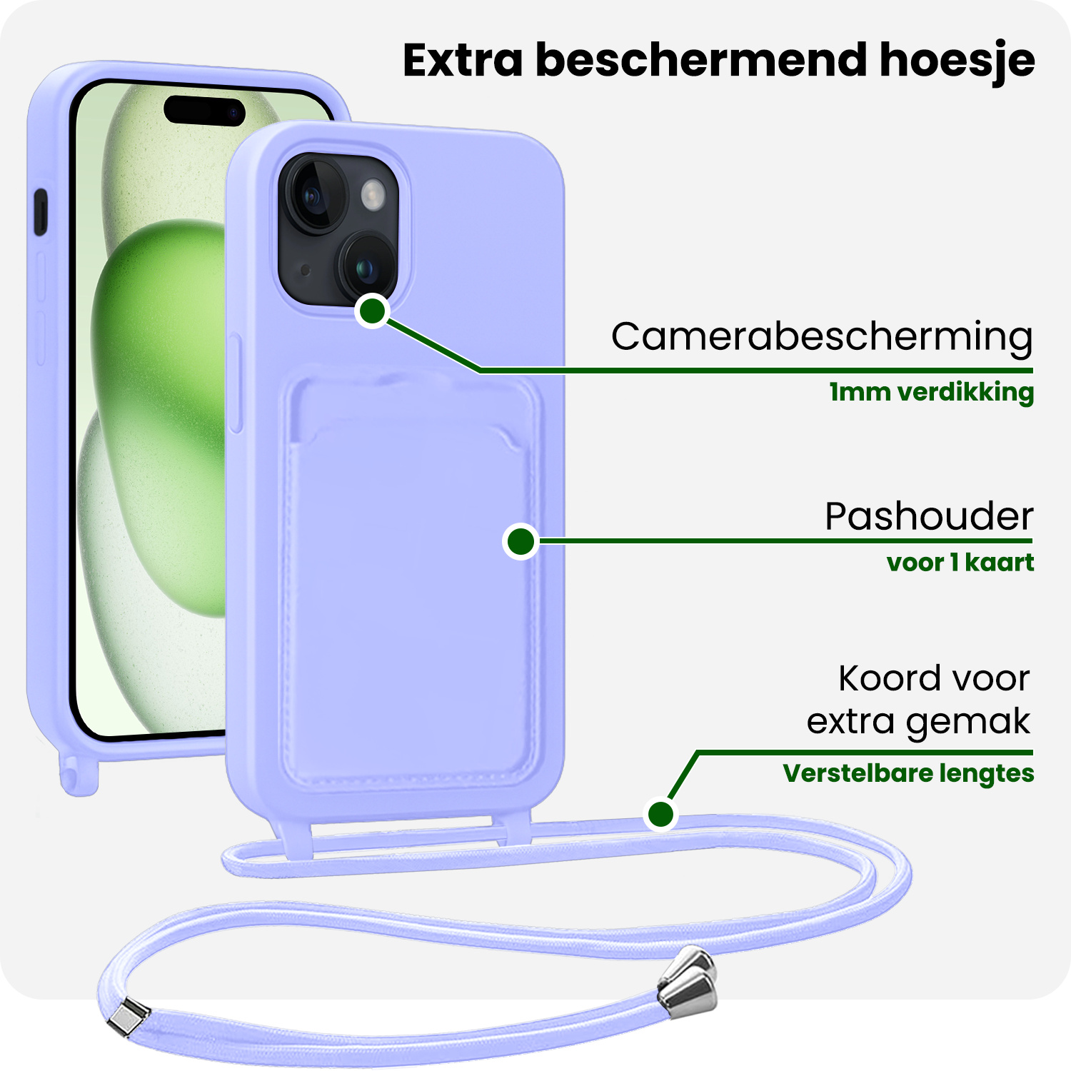 BASEY. BASEY. iPhone 15 Plus Hoesje Pashouder met Koord Met Screenprotector - Lila