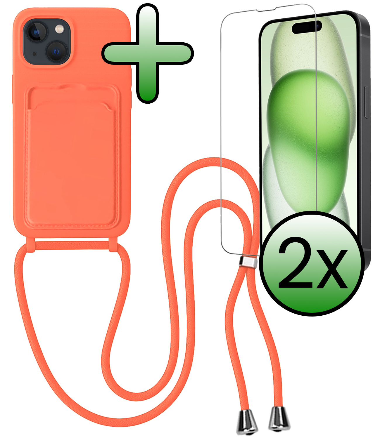 BASEY. BASEY. iPhone 15 Plus Hoesje Pashouder met Koord Met 2x Screenprotector - Papaya