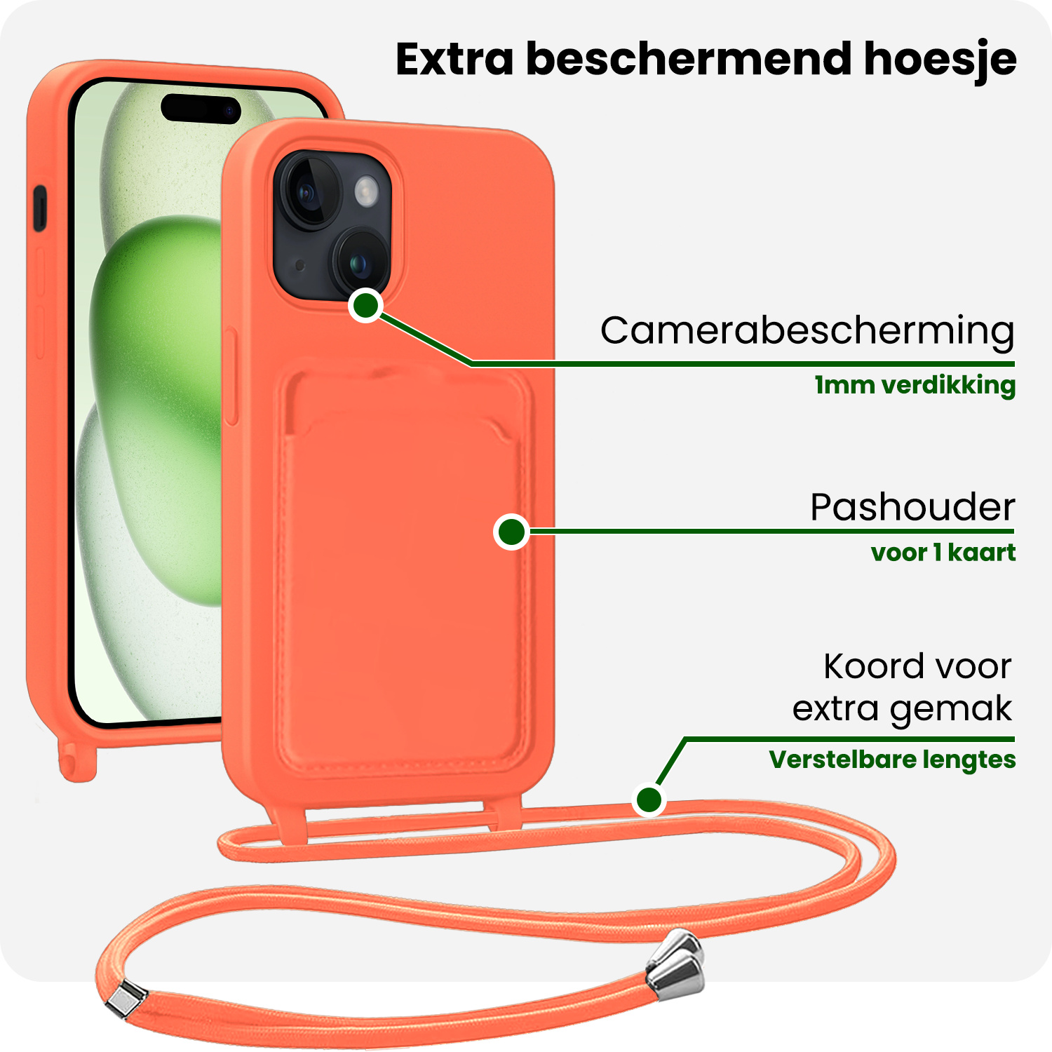 BASEY. BASEY. iPhone 15 Plus Hoesje Pashouder met Koord Met 2x Screenprotector - Papaya