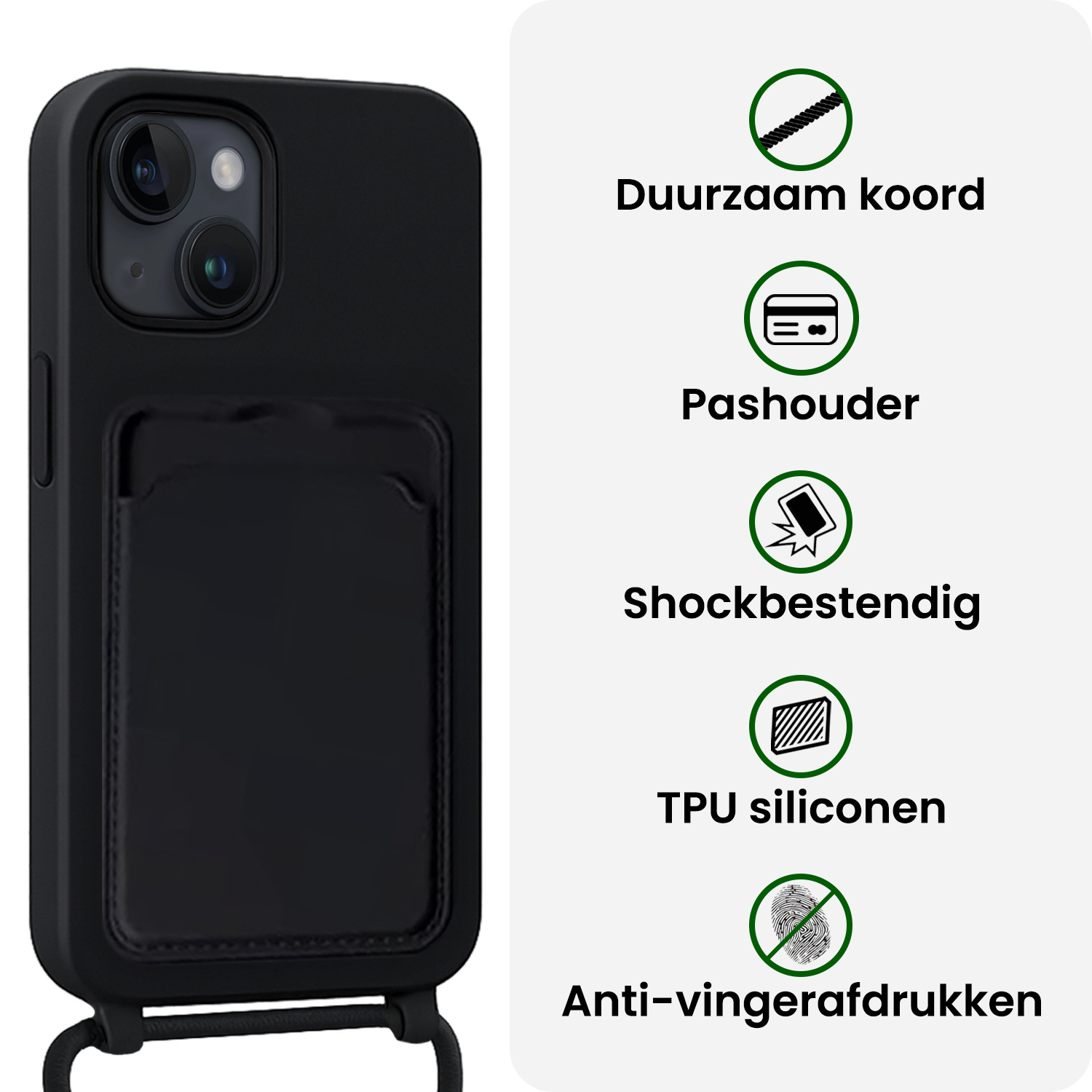 BASEY. BASEY. iPhone 15 Plus Hoesje Pashouder met Koord Met Screenprotector - Zwart