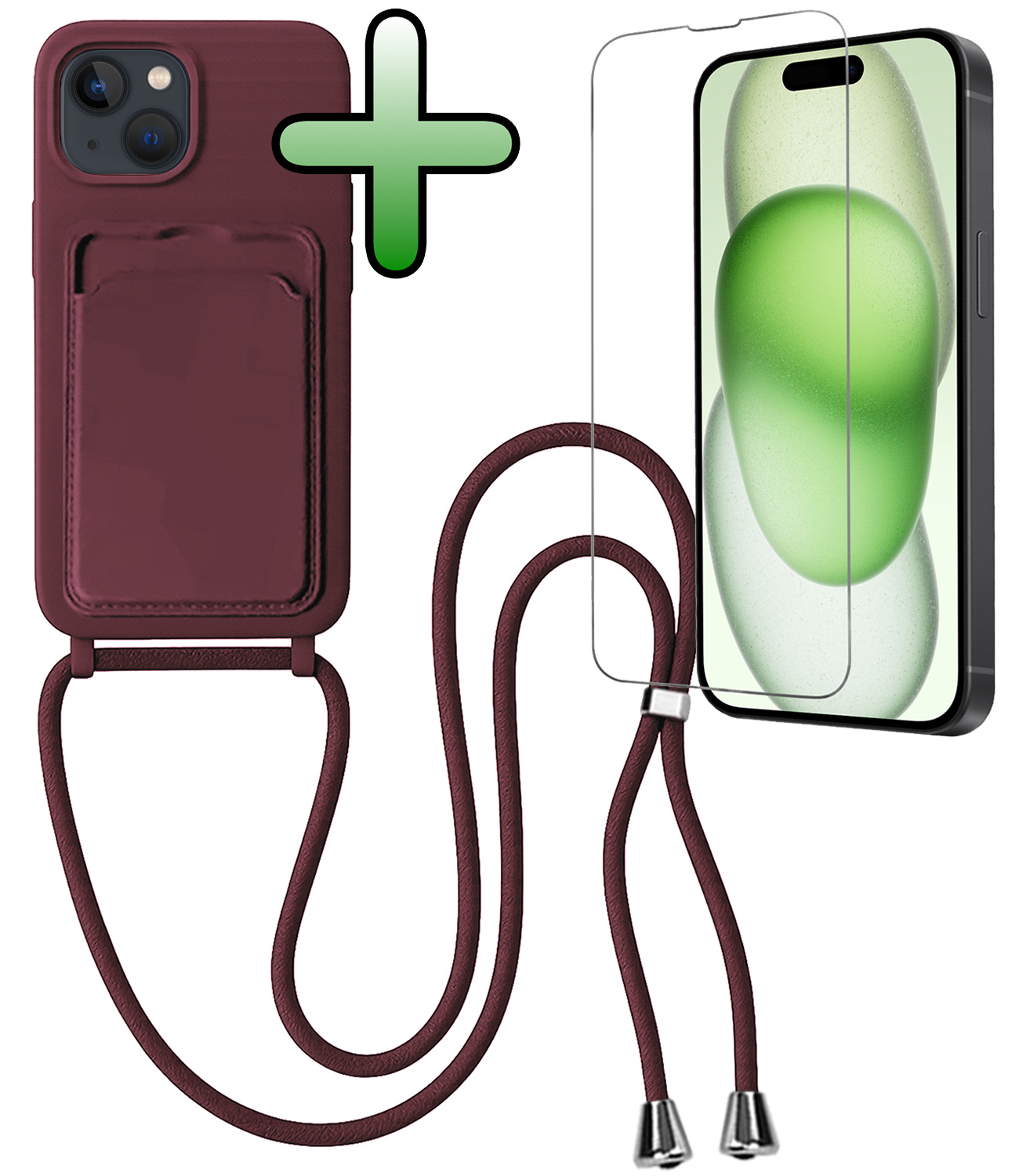 BASEY. BASEY. iPhone 15 Hoesje Pashouder met Koord Met Screenprotector - Aubergine