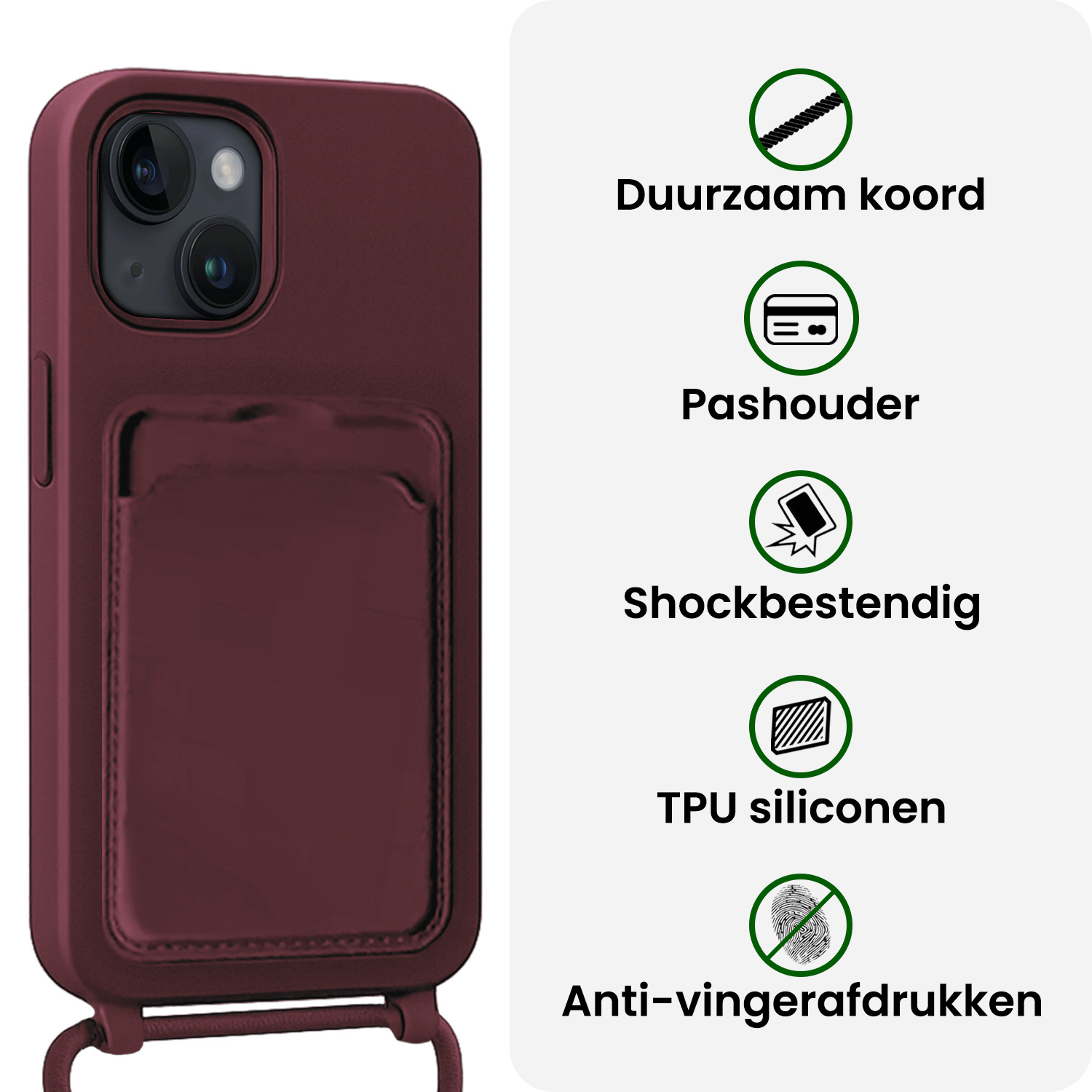 BASEY. BASEY. iPhone 15 Hoesje Pashouder met Koord Met Screenprotector - Aubergine