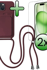 BASEY. BASEY. iPhone 15 Hoesje Pashouder met Koord Met 2x Screenprotector - Aubergine