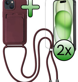 BASEY. BASEY. iPhone 15 Hoesje Pashouder met Koord Met 2x Screenprotector - Aubergine