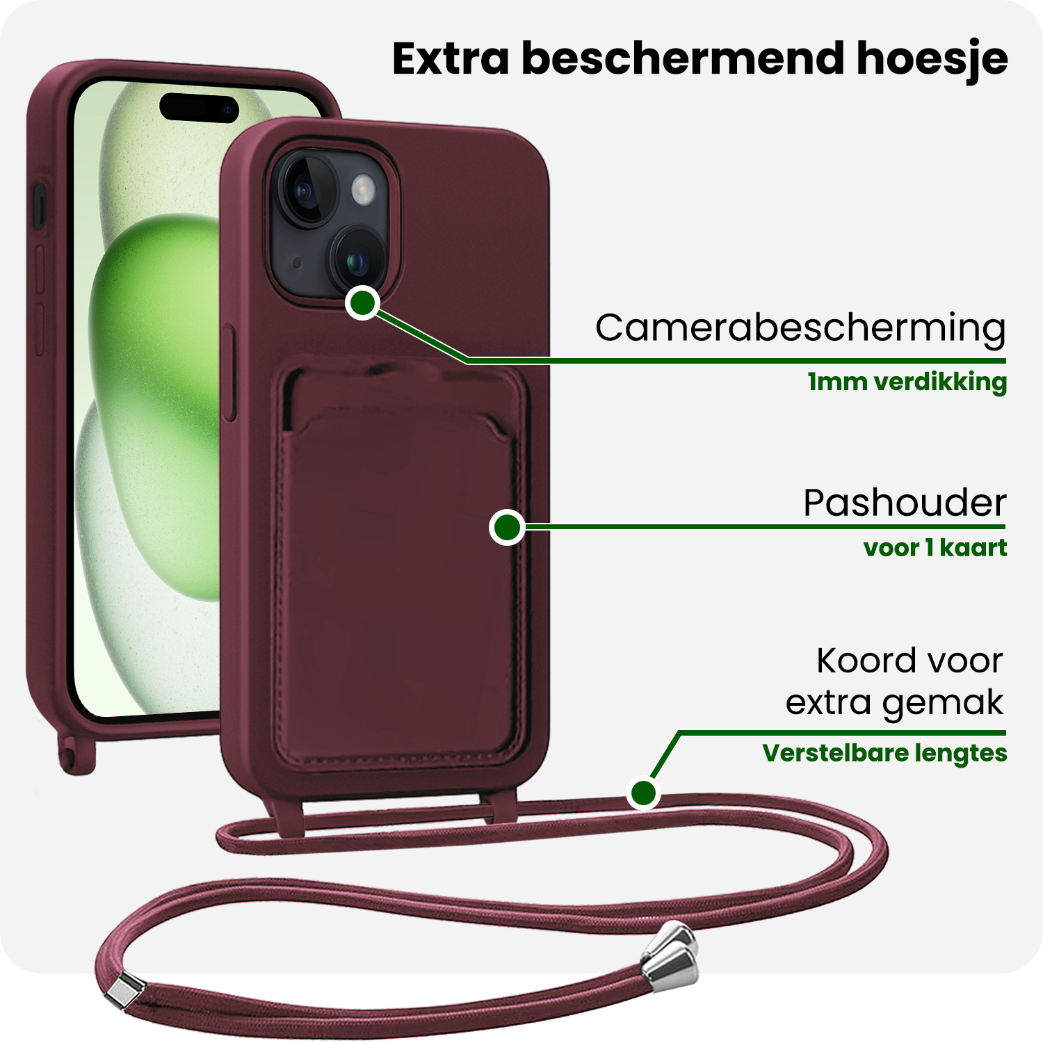 BASEY. BASEY. iPhone 15 Hoesje Pashouder met Koord Met 2x Screenprotector - Aubergine