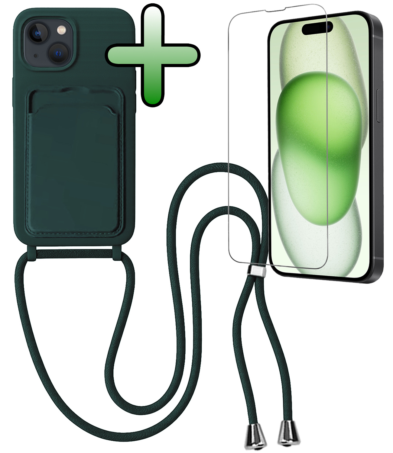 BASEY. BASEY. iPhone 15 Hoesje Pashouder met Koord Met Screenprotector - Donkergroen