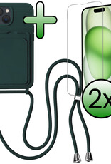 BASEY. BASEY. iPhone 15 Hoesje Pashouder met Koord Met 2x Screenprotector - Donkergroen