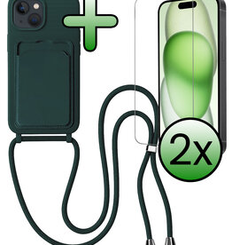 BASEY. BASEY. iPhone 15 Hoesje Pashouder met Koord Met 2x Screenprotector - Donkergroen