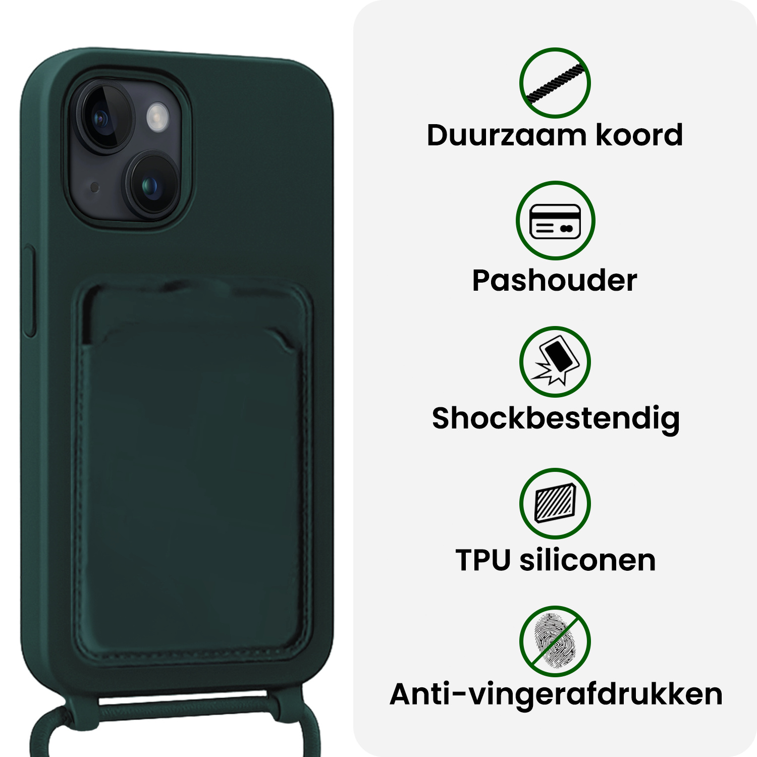 BASEY. BASEY. iPhone 15 Hoesje Pashouder met Koord Met 2x Screenprotector - Donkergroen