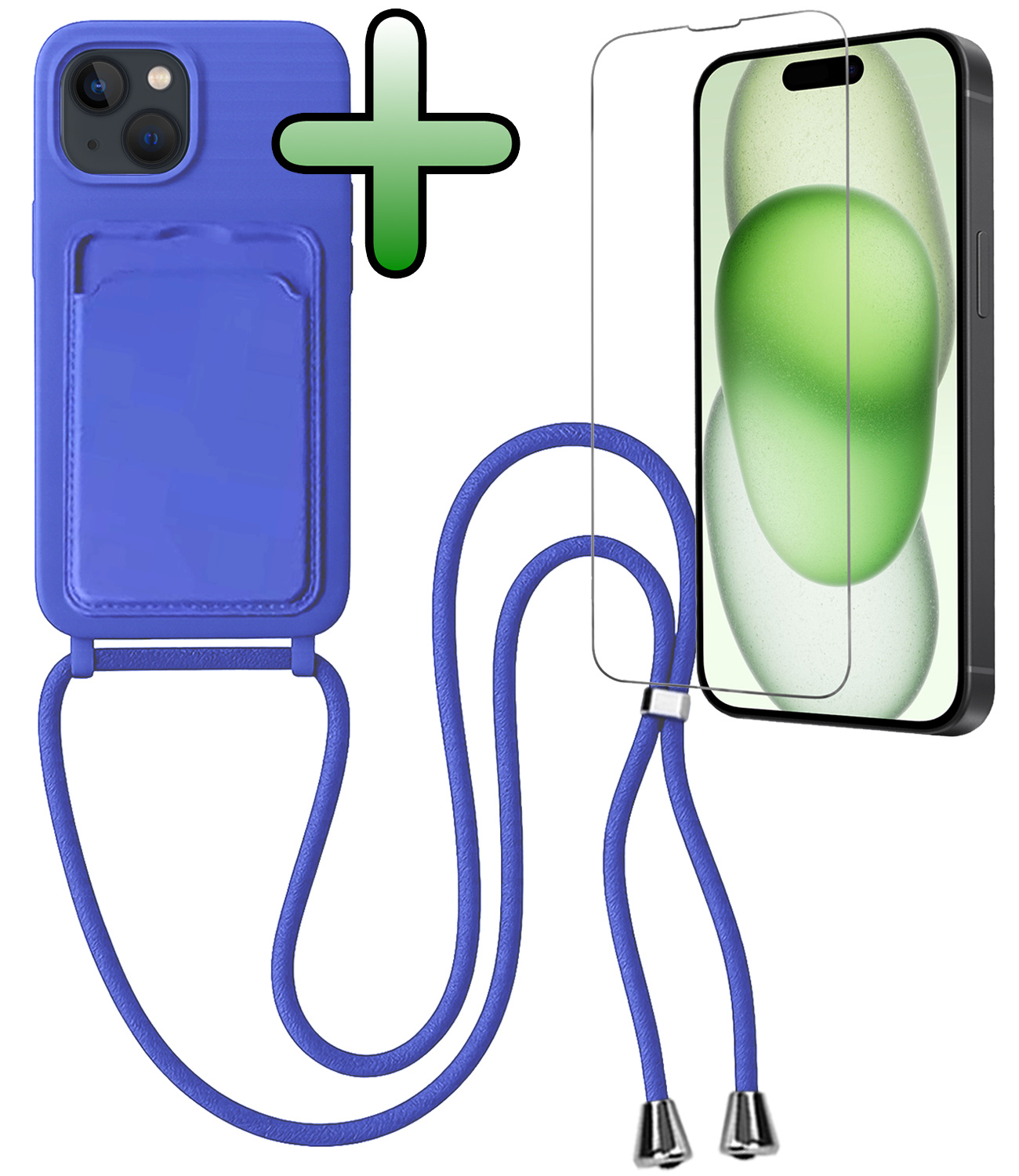 BASEY. BASEY. iPhone 15 Hoesje Pashouder met Koord Met Screenprotector - Fel Blauw