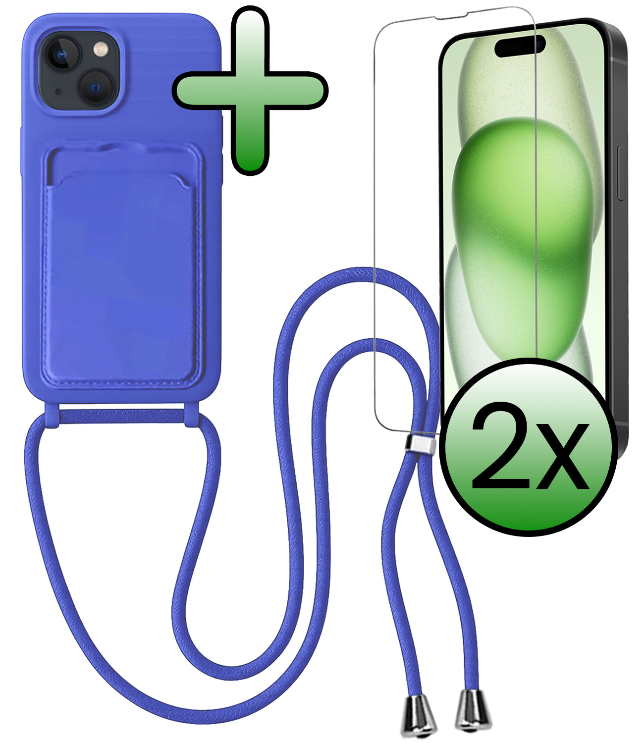 BASEY. BASEY. iPhone 15 Hoesje Pashouder met Koord Met 2x Screenprotector - Fel Blauw