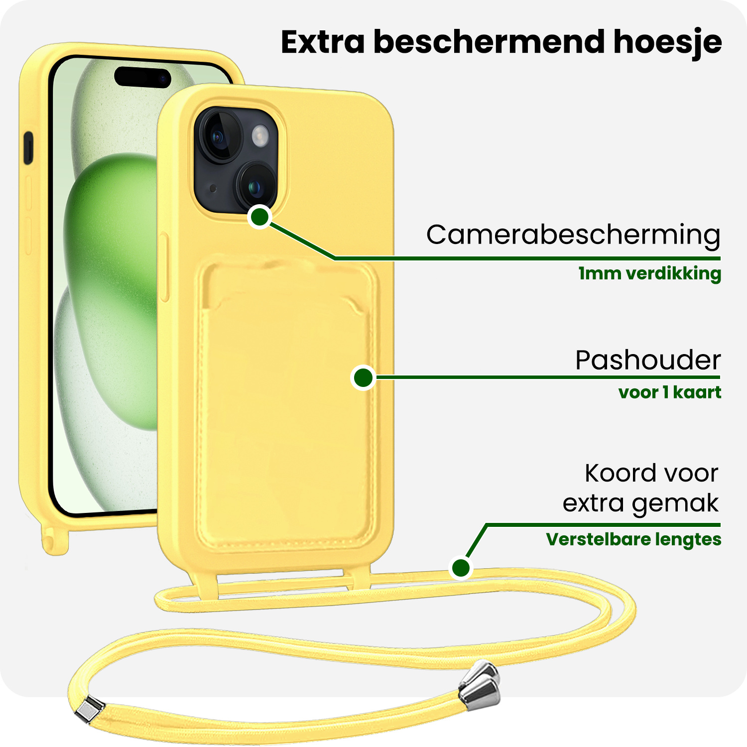 BASEY. BASEY. iPhone 15 Hoesje Pashouder met Koord Met 2x Screenprotector - Geel