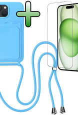 BASEY. BASEY. iPhone 15 Hoesje Pashouder met Koord Met Screenprotector - Lichtblauw