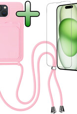 BASEY. BASEY. iPhone 15 Hoesje Pashouder met Koord Met Screenprotector - Lichtroze