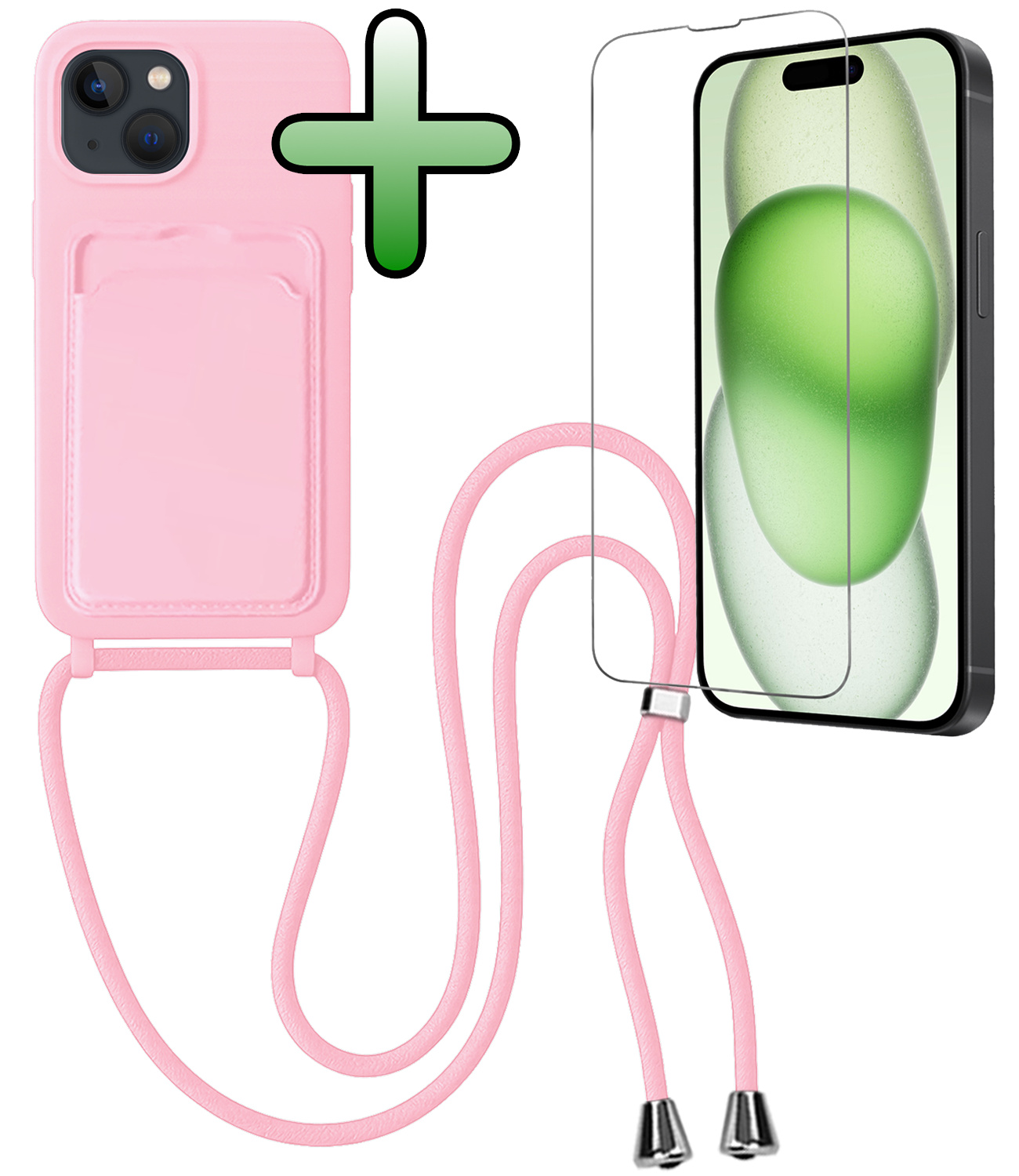 BASEY. BASEY. iPhone 15 Hoesje Pashouder met Koord Met Screenprotector - Lichtroze