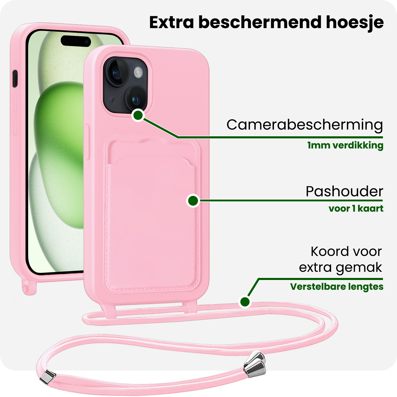 BASEY. BASEY. iPhone 15 Hoesje Pashouder met Koord Met Screenprotector - Lichtroze